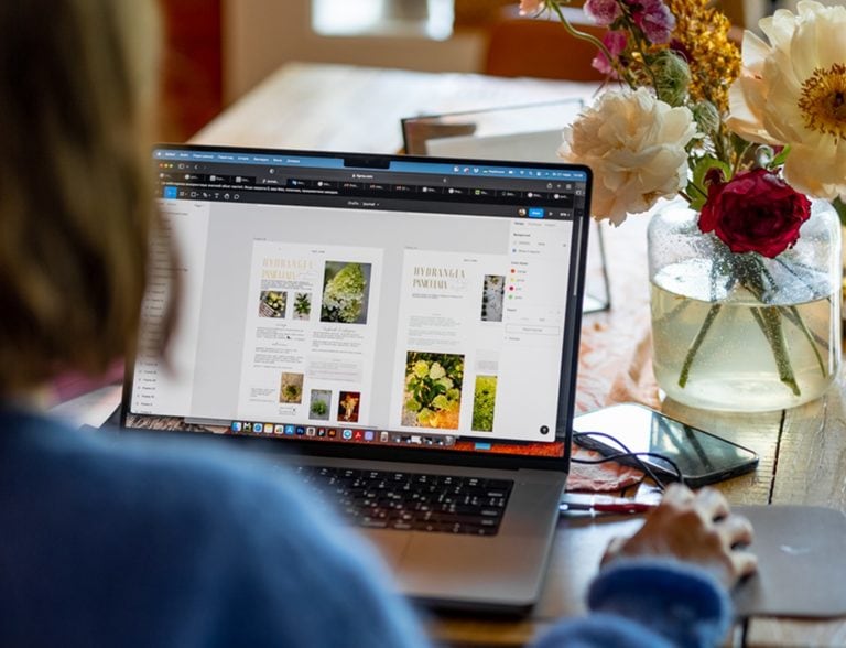 A woman sits in a blue jumper at an open laptop looking at a website image. A phone is on the table and a vase of large flowers.