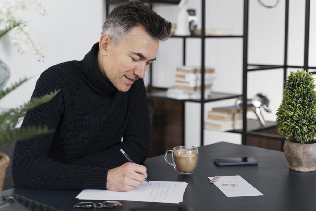 Man with greying hair writing at a desk